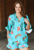 TURQUOISE COWGIRL HAT BOOTS & CACTUS RUFFLE SHORTS SET