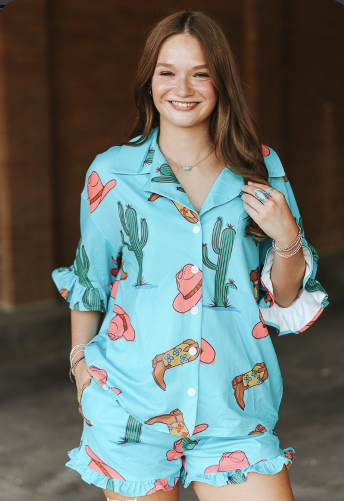 TURQUOISE COWGIRL HAT BOOTS & CACTUS RUFFLE SHORTS SET