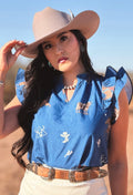 MID WASH COWBOY PRINTED RUFFLE Top