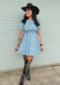 LIGHT BLUE RUNNING HORSE SHOULDER TIE DRESS