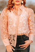 PEACH LACE BUTTON DOWN COLLARED TOP